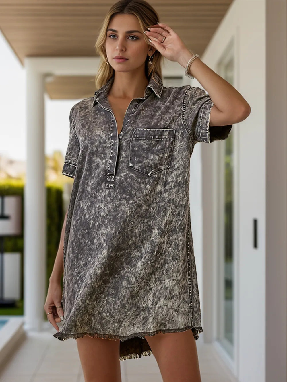 Slightly Stretchy Pocketed Collared Neck Short Sleeve Denim Dress for Women