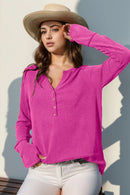 Double Take Full Size Notched Thumbhole Long Sleeve T-Shirt Fuchsia Pink