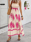Smocked Printed Wide Strap Maxi Dress Pink