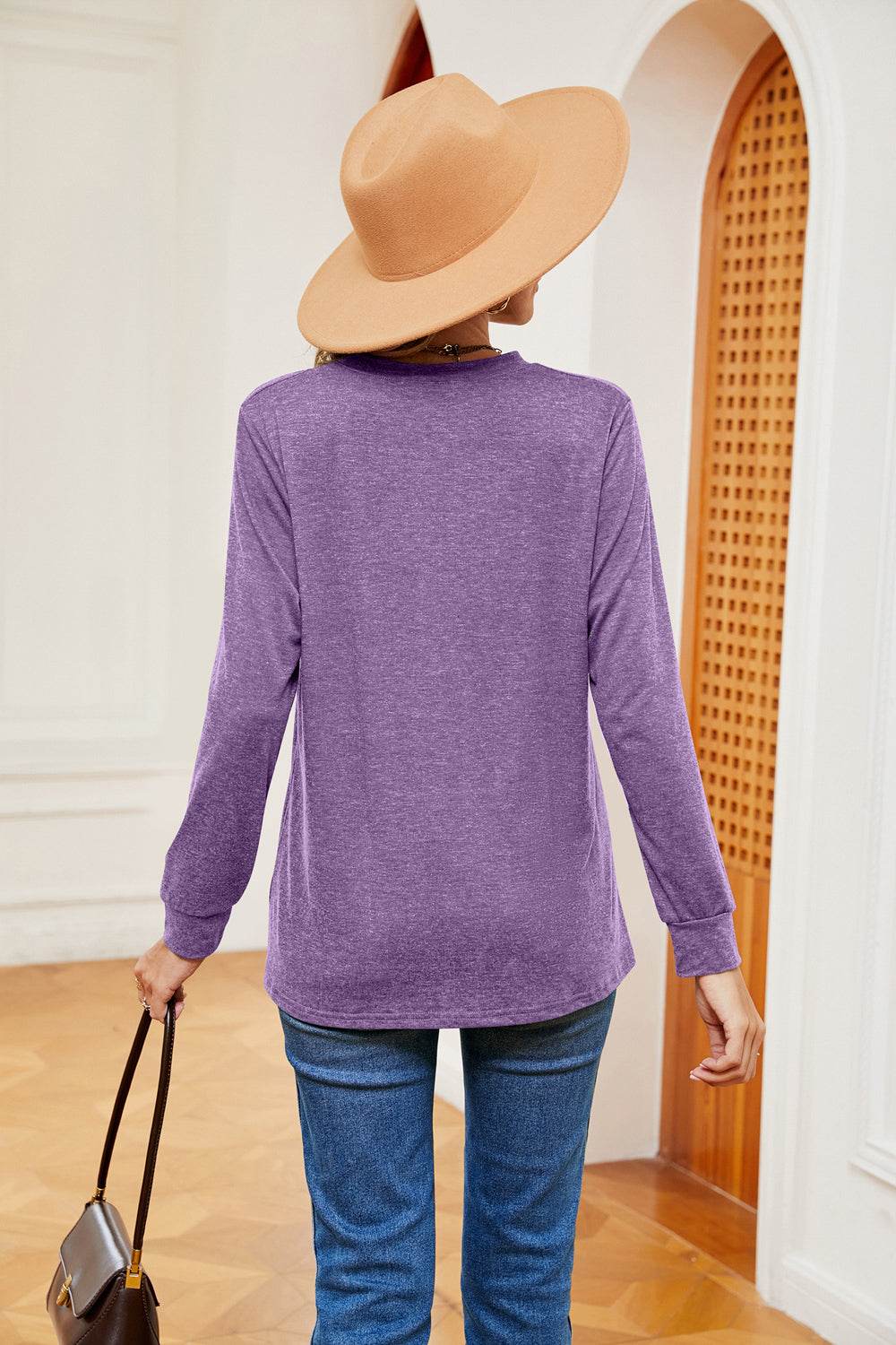 Trendsi Buttoned Notched Neck Long Sleeve Top - Slightly Stretchy Opaque Fabric - Store 42