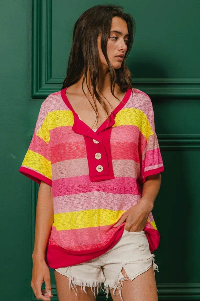 BiBi Multi Color Stripe Hacci Button Detail Ringer Top