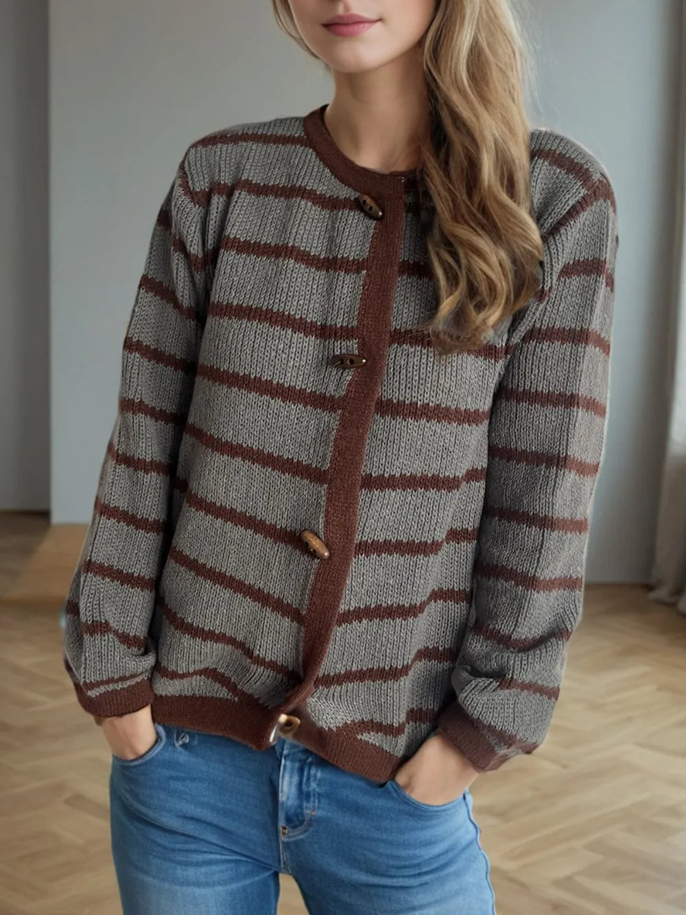 Buttoned Striped Round Neck Long Sleeve Cardigan - Slightly Stretchy Fabric, Cozy Style