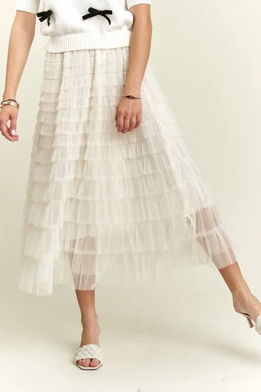 ADORA Elastic Waist Layered Mesh Midi Skirt - Versatile Opaque Lined Comfort Fashion
