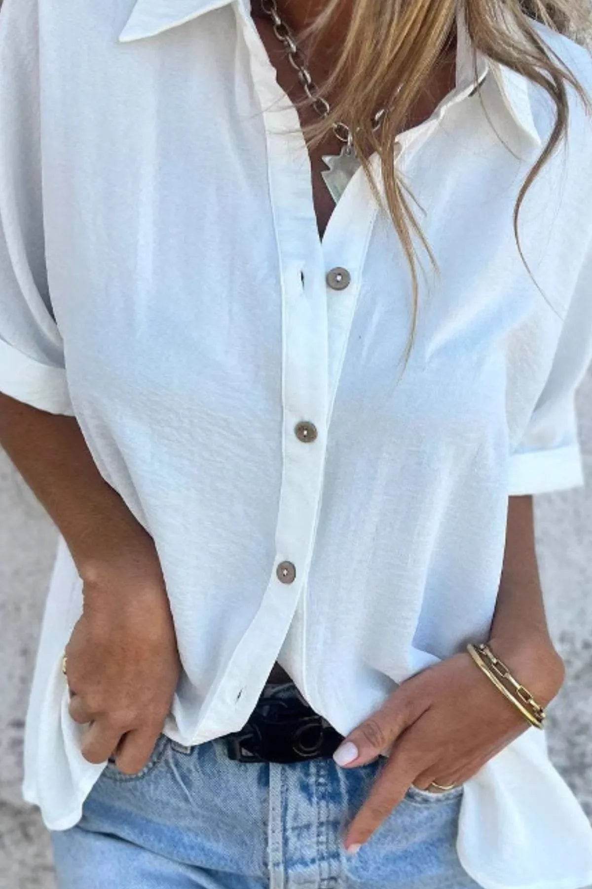 Full Size Casual Button Down Short Sleeve Loose Shirt Plus Size - Store 42