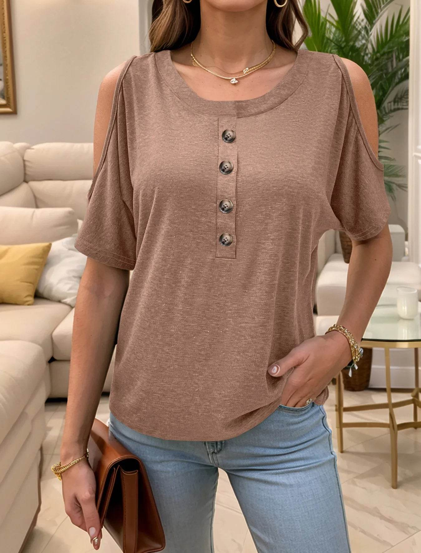Full Size Cold Shoulder Button Front T-Shirt Plus Size - Store 42