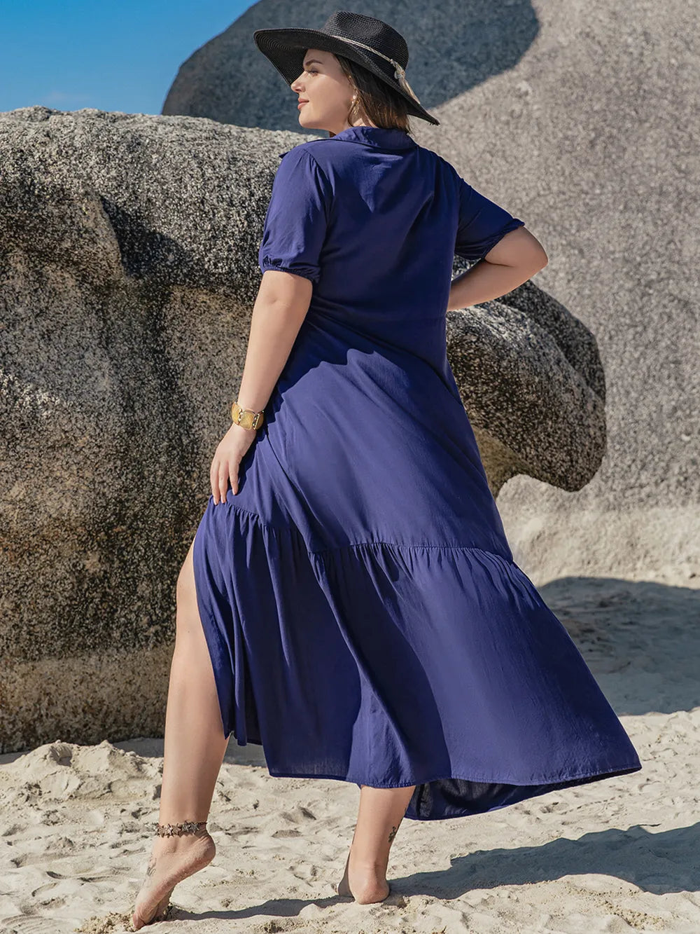 Plus Size Collared Midi Dress with Short Sleeves, Buttoned Design, 100% Viscose, Opaque Fabric