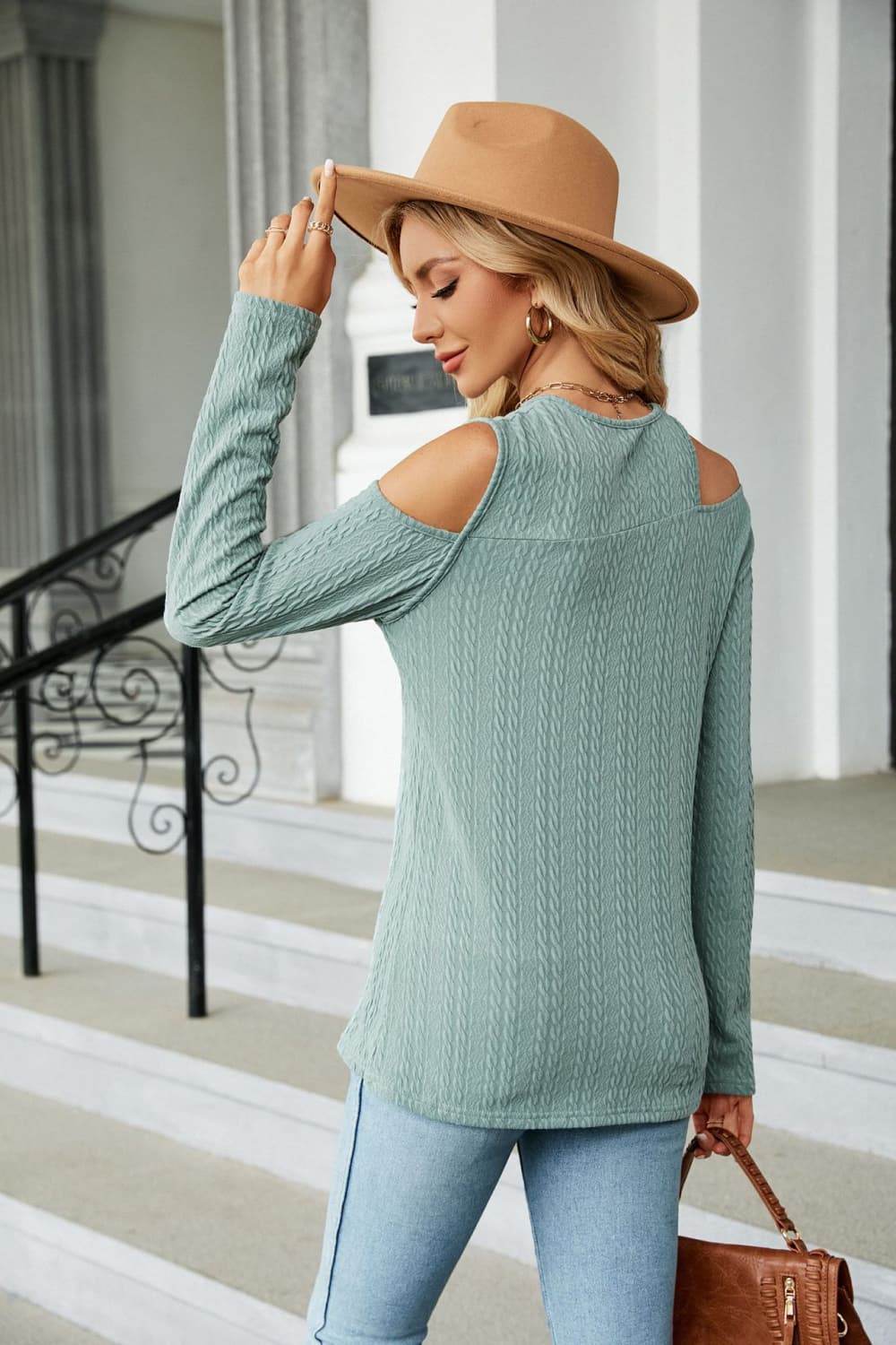 Trendsi Casual Cold-Shoulder Blouse with Long Sleeves and Round Neck - Solid Opaque Design - Store 42