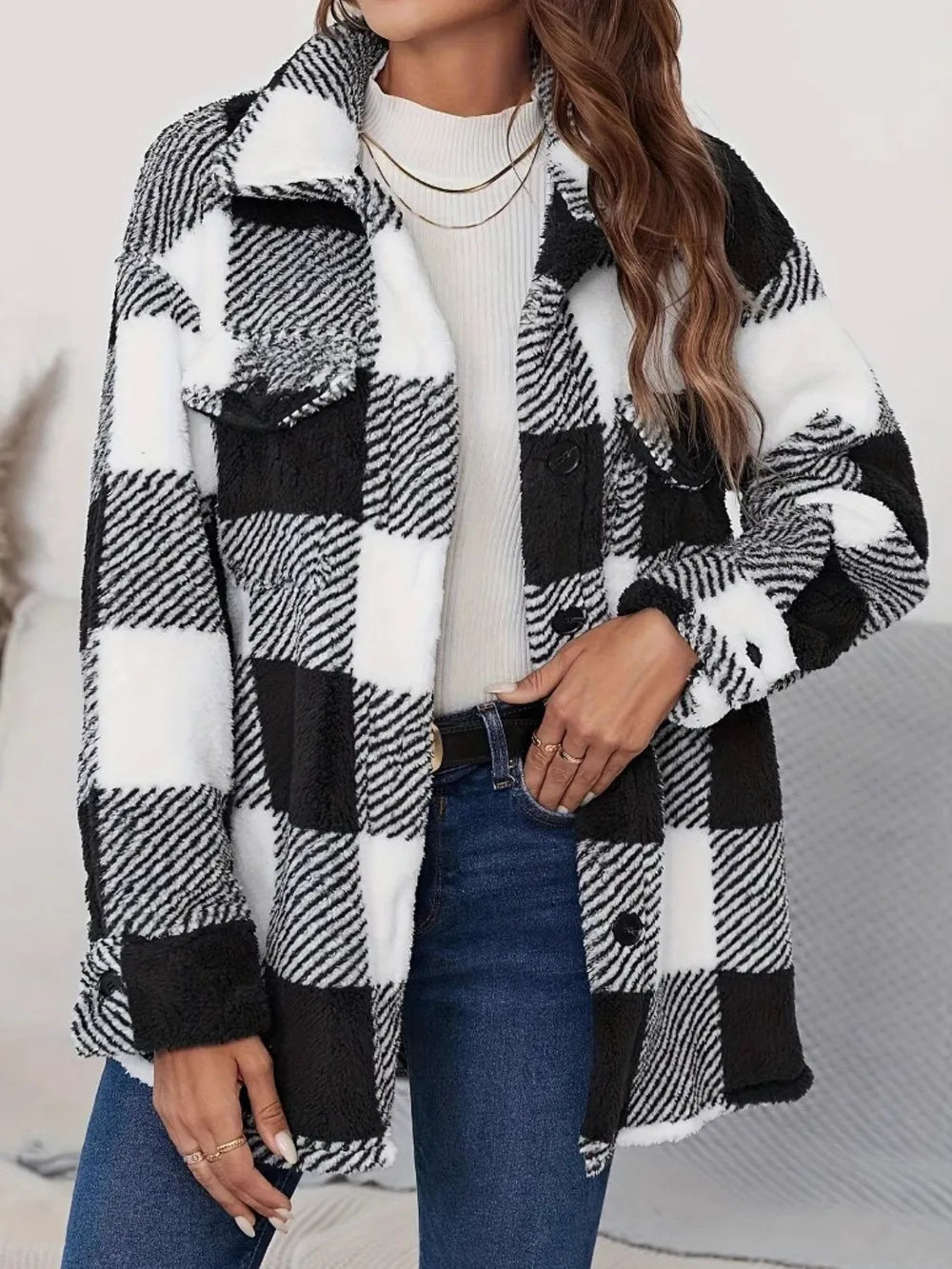Fuzzy Plaid Button-Up Long Sleeve Outerwear - Cozy 100% Polyester Layering Top