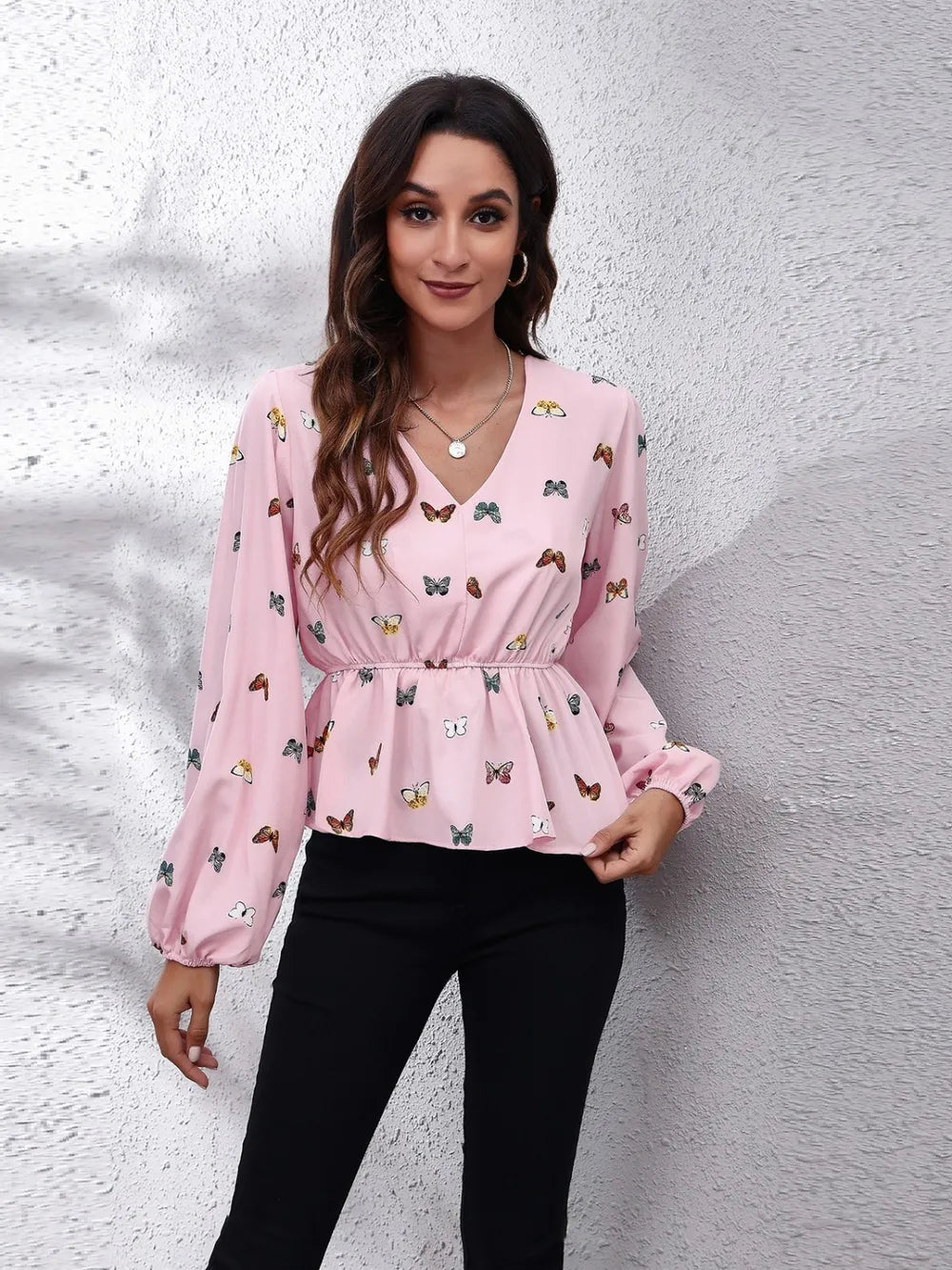 Chic Butterfly V-Neck Peplum Blouse with Balloon Sleeves - 100% Polyester, Opaque Fit