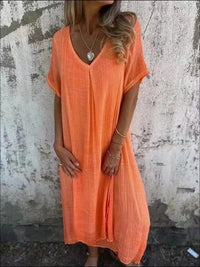 Full Size V-Neck Short Sleeve Midi Dress Plus Size Tangerine