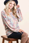 BiBi Pastel Tie Dye Top with Puff Sleeves - Soft Cotton, Relaxed Fit, Casual Chic Style - Store 42