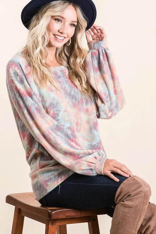 BiBi Pastel Tie Dye Top with Puff Sleeves - Soft Cotton, Relaxed Fit, Casual Chic Style