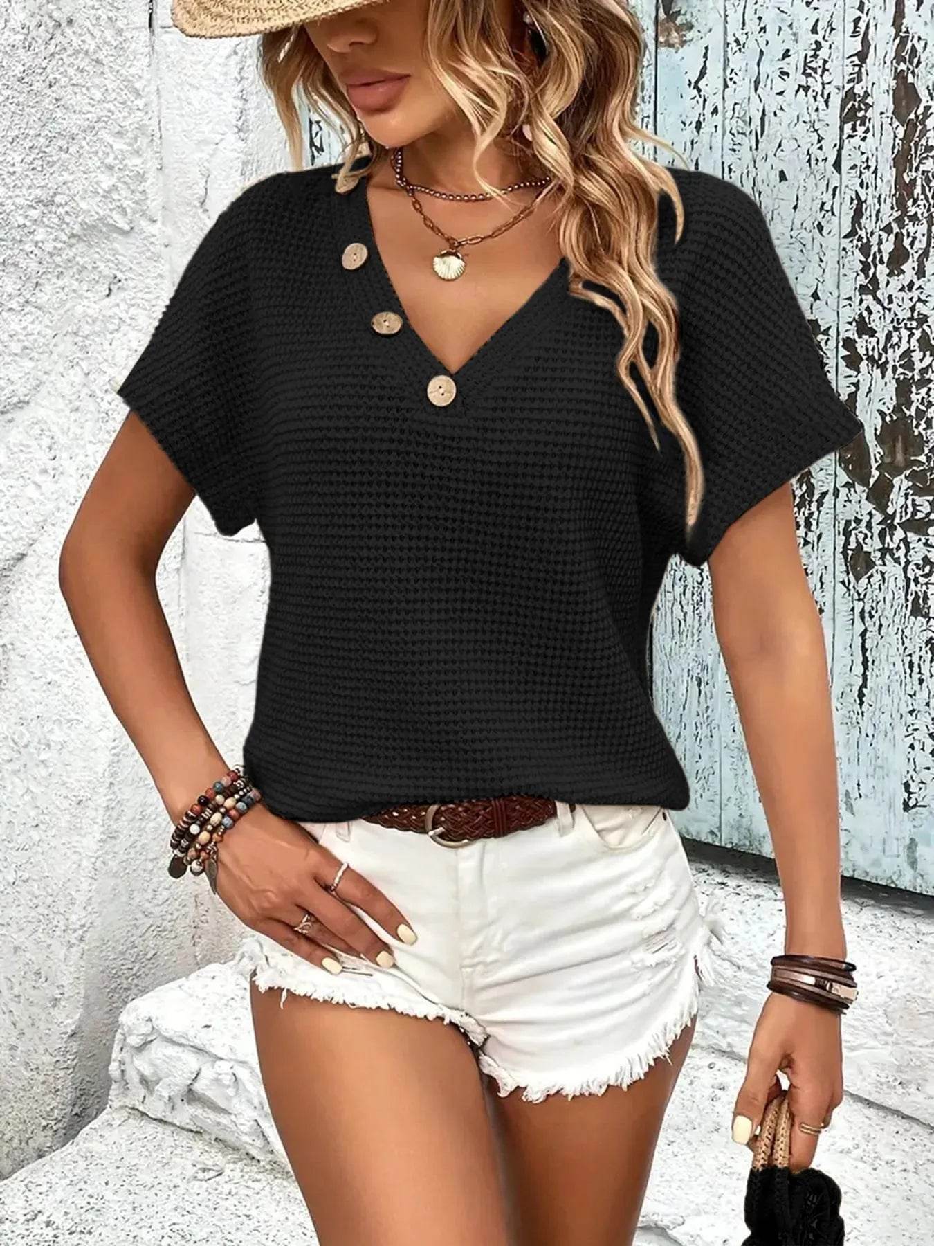 Slightly Stretchy V-Neck Waffle-Knit T-Shirt with Button Detail for Women
