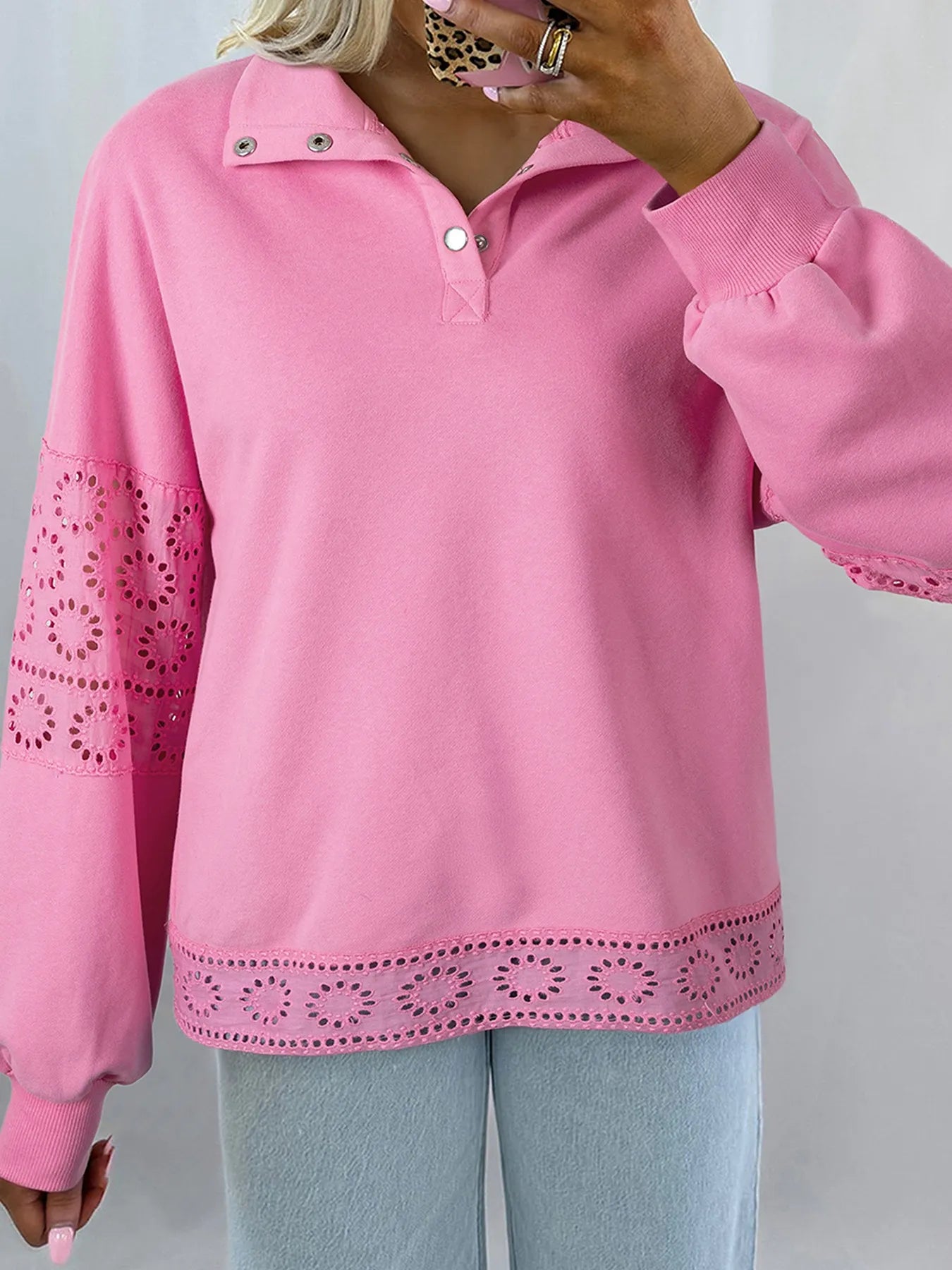 Trendy Eyelet Lace Snap Down Sweatshirt - Soft Cotton-Polyester Blend, Machine Washable