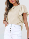 Stylish Round Neck Ruffle Sleeve Top - Slightly Stretchy, 65% Viscose & 35% Polyester, Machine Washable - Store 42