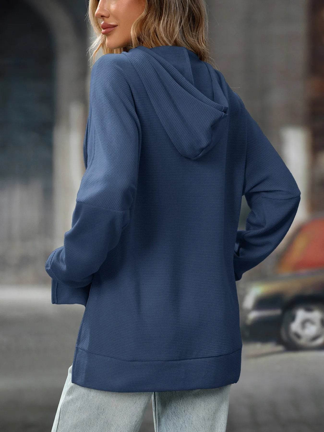Slightly Stretchy Textured Drawstring Long Sleeve Hoodie with Pocket - Trendy Casual Wear - Store 42