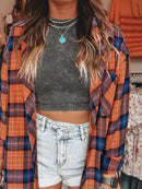 Plaid Collared Neck Long Sleeve Shirt Orange