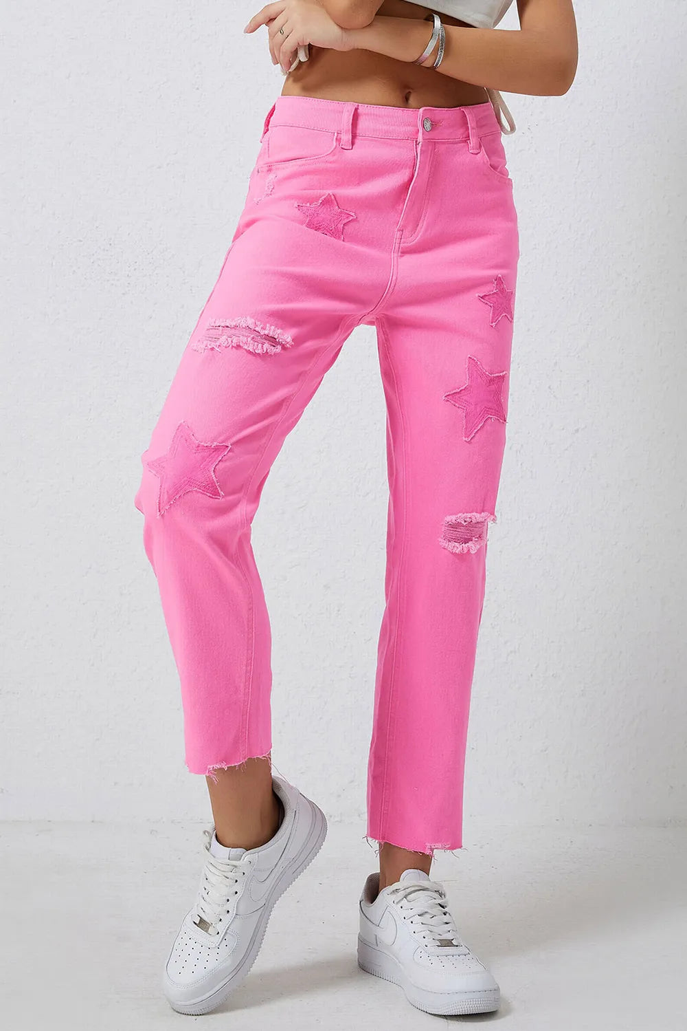 98% Cotton Distressed Jeans with Raw Hem - Slightly Stretchy Style by Trendsi