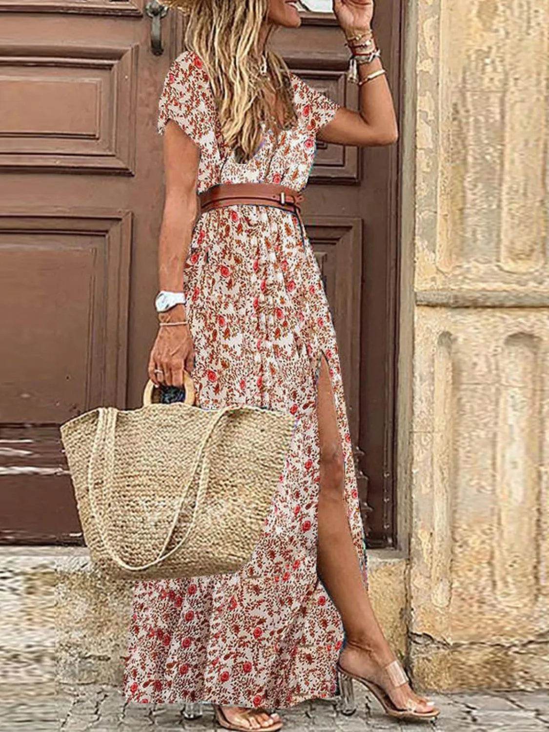 Full Size Printed V-Neck Short Sleeve Maxi Dress Plus Size - Store 42