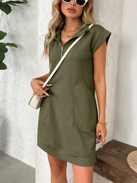 Texture Half Zip Cap Sleeve Mini Dress Moss