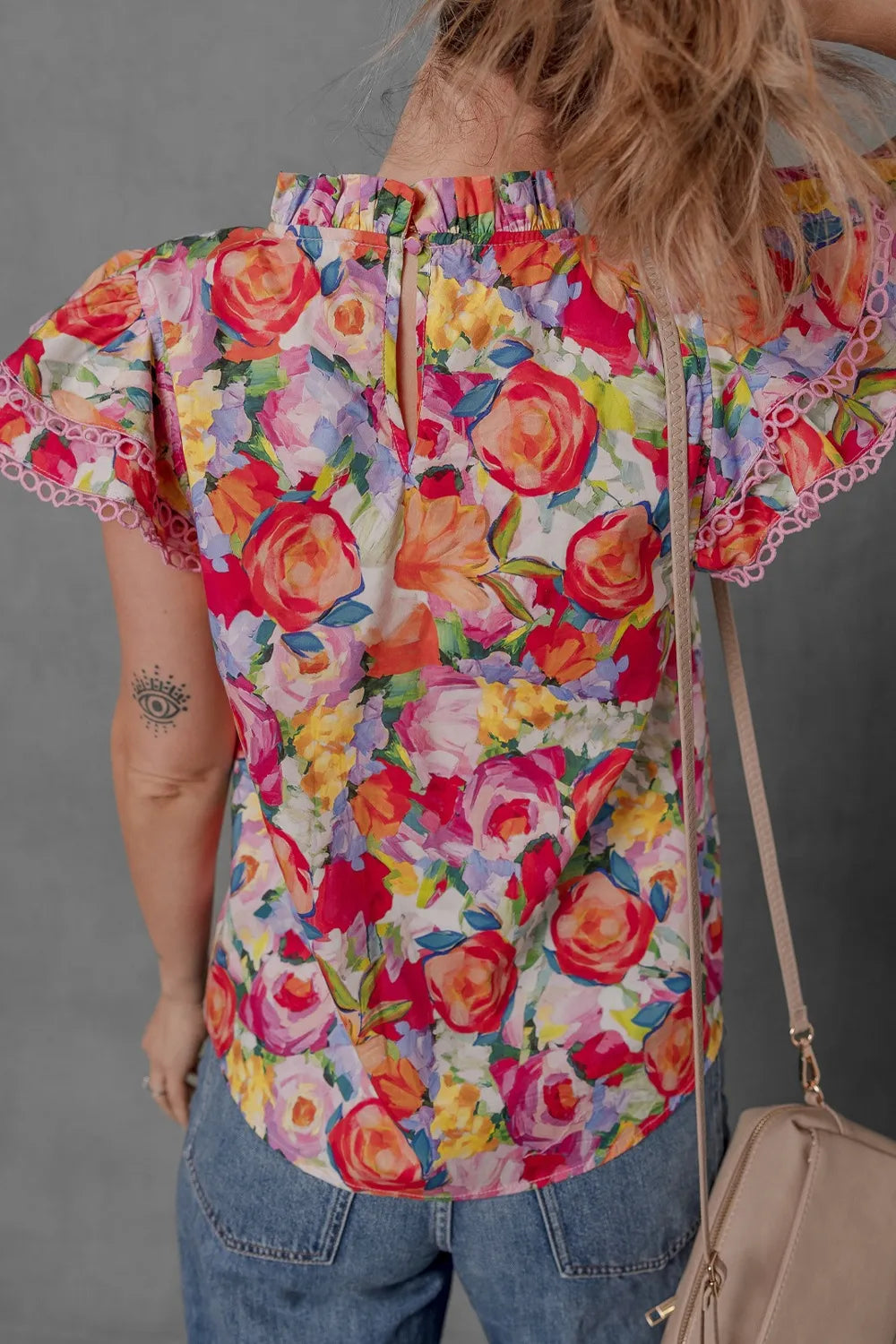 Ruffle Cap Sleeve Floral Blouse with Lace Trim - 100% Cotton, Opaque, Machine Washable