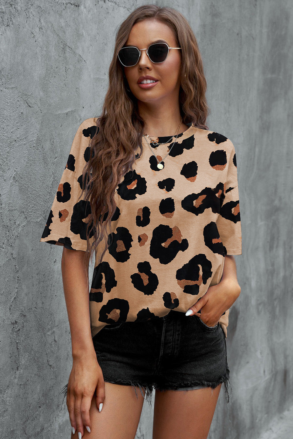 Chic Leopard Print Dropped Shoulder Round Neck T-Shirt with Half Sleeves - Trendy Casual Style