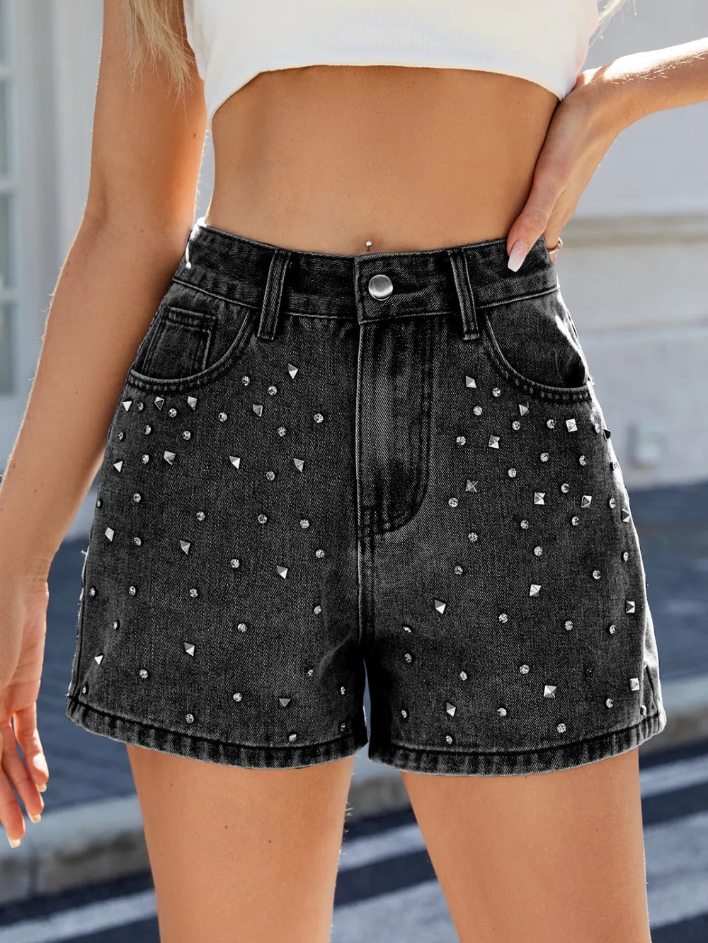 Rhinestone Embellished High Waist Denim Shorts for Women - Washed Blue, Pocketed Style