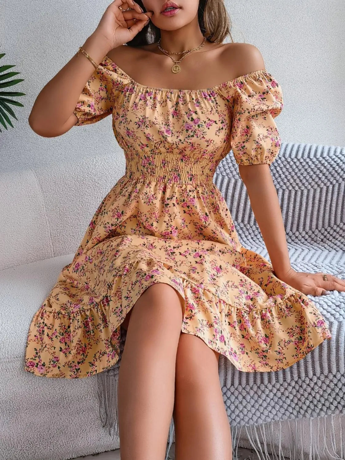 Ruffled Hem Floral Puff Sleeve Dress Tan