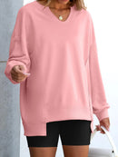 Notched Long Sleeve Oversized Sweatshirt