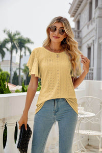 Trendsi Eyelet Flutter Sleeve Semi-Sheer Round Neck Casual Top - 100% Polyester - Store 42