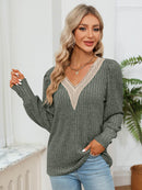 Lace Detail V-Neck Blouse with Ribbed Texture - Opaque, Slightly Stretchy Fabric - Store 42