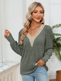 Lace Detail V-Neck Blouse with Ribbed Texture - Opaque, Slightly Stretchy Fabric - Store 42