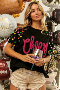BiBi Metallic Letter Spangle Raglan Puff Sleeve Top - Store 42