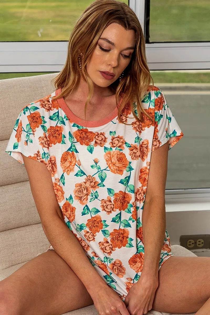BiBi Rose Print Thermal Neck Binding Dolman Sleeves Top - Store 42