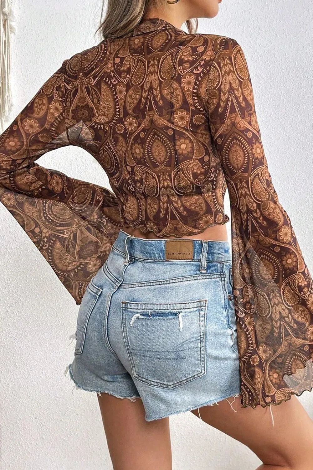 Sheer Printed Mock Neck Flare Sleeve Top - Slightly Stretchy, 95% Polyester, Trendy Design