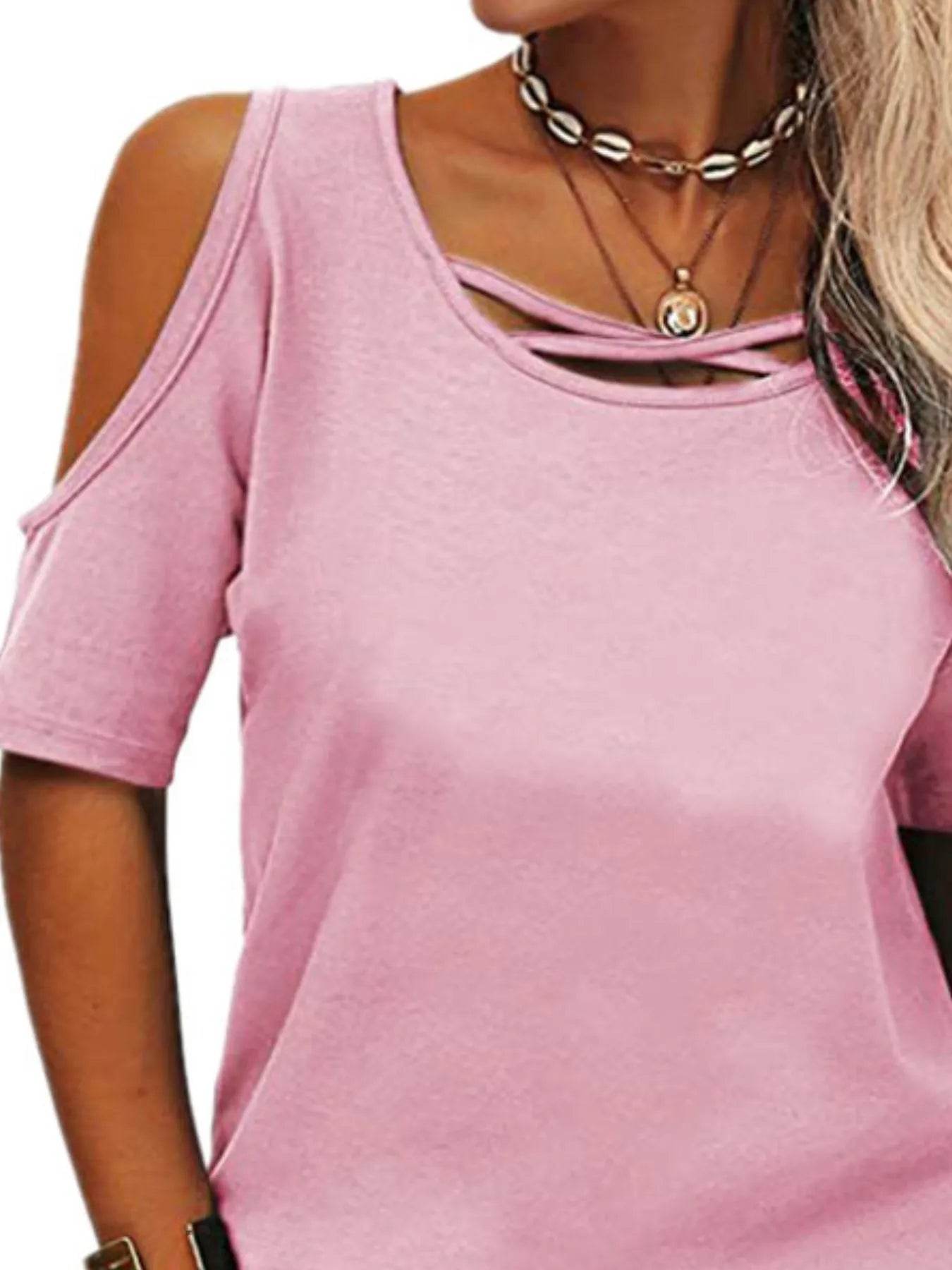 Full Size Crisscross Cold Shoulder Casual T-Shirt Plus Size - Store 42
