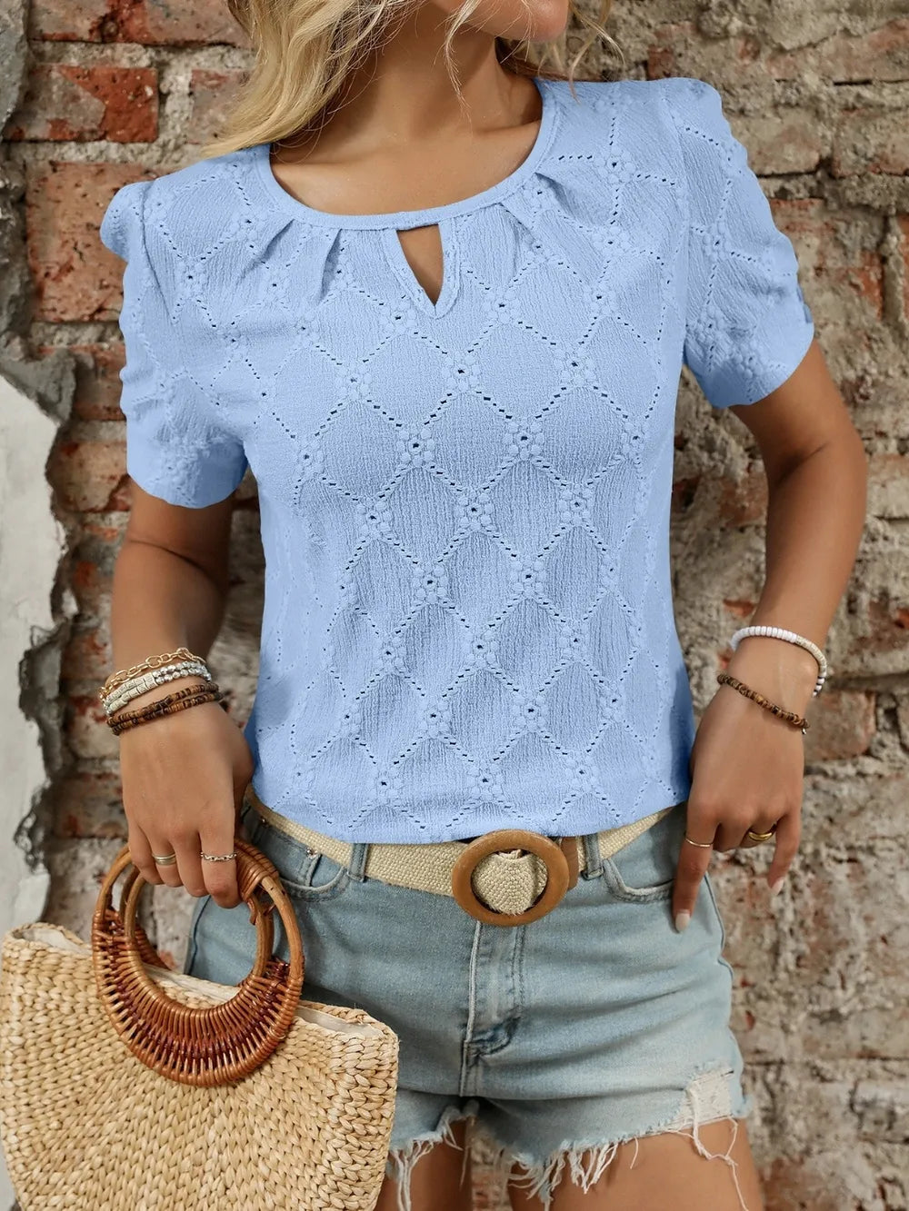 Eyelet Round Neck Short Sleeve Top
