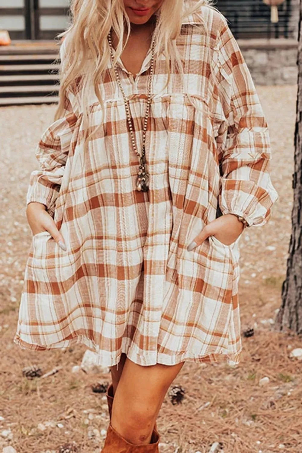 Plaid Collared Neck Long Sleeve Mini Dress - Opaque, Stretchy Cotton, Perfect for Every Occasion