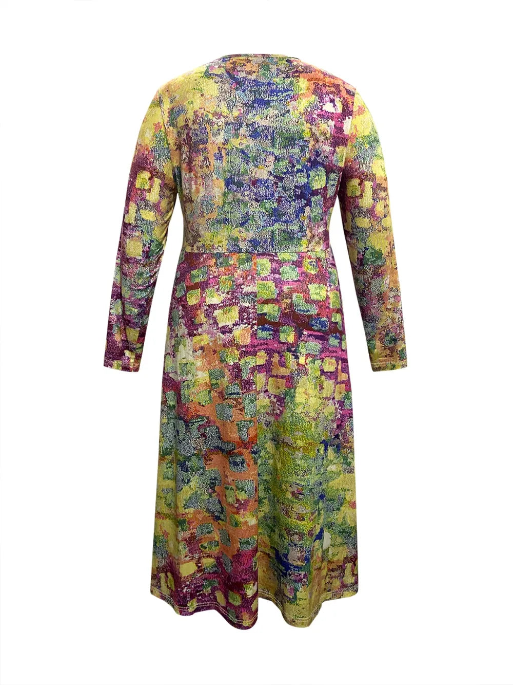 Plus Size Printed Round Neck Long Sleeve Dress - Opaque, Slightly Stretchy, Casual Style