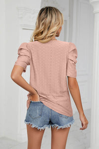 Trendsi Eyelet Puff Sleeve Blouse - Casual Round Neck Top for Every Occasion - Store 42