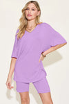 Basic Bae Bamboo Full Size V-Neck Drop Shoulder T-Shirt and Shorts Set Lavender
