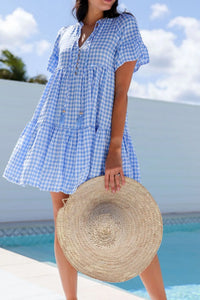 Gingham Short Sleeve Button Tie Split Neck Loose Mini Dress