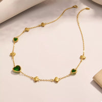 18K Gold-Plated Heart Necklace with Glass Stone Dark Green One Size