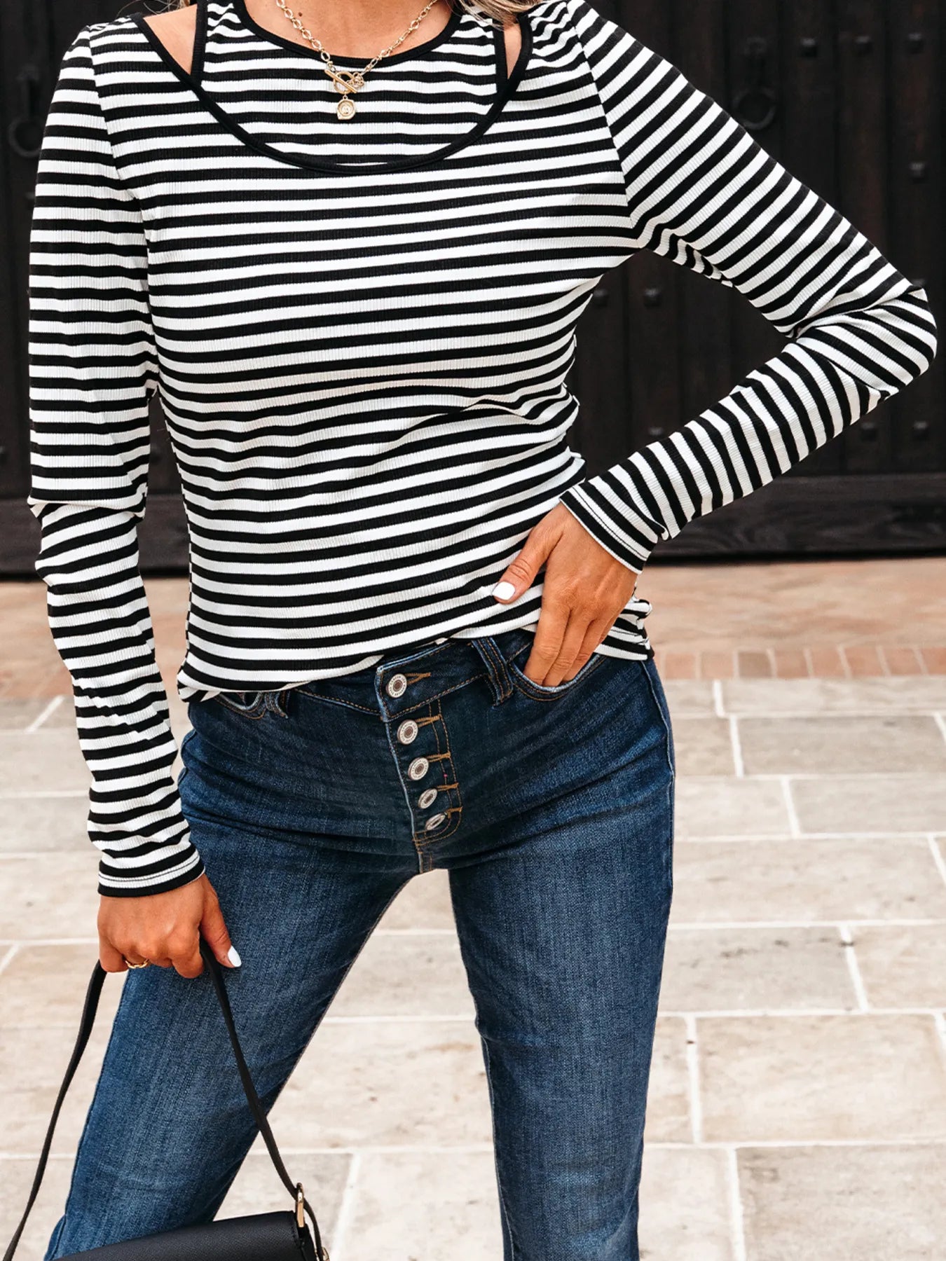 Trendsi Stripe Cold Shoulder Long Sleeve Top with Cutout Design - Slightly Stretchy Fabric
