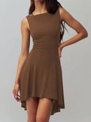 High-Low Round Neck Sleeveless Dress Brown