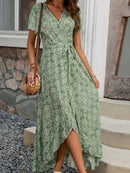 Printed Surplice Maxi Dress with Flutter Sleeves