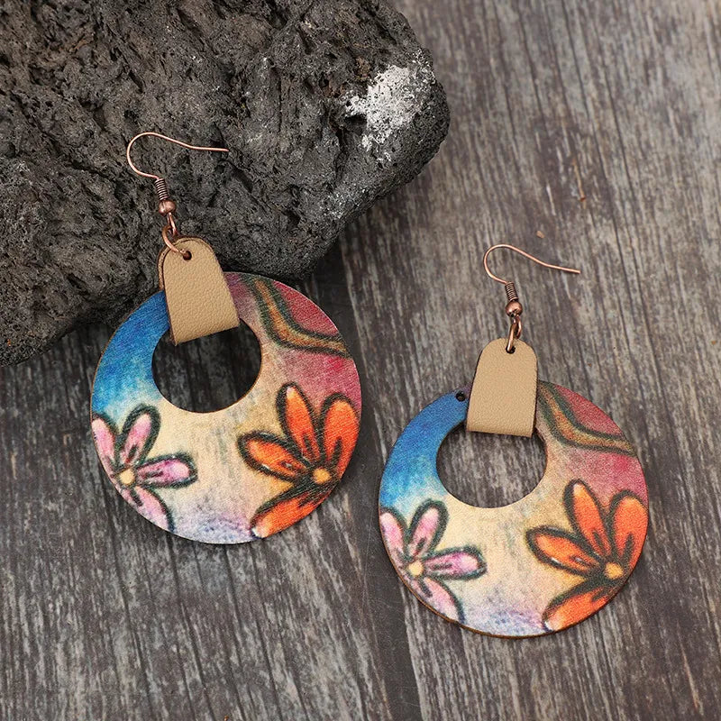 Elegant 3.1" Wooden Flower Round Shape Earrings in Alloy and Wood - Unique Craftsmanship