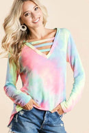 BiBi Tie Dye French Terry V-Neck Top with Strapped - Store 42
