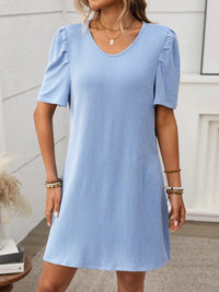 Textured Round Neck Short Sleeve Mini Dress