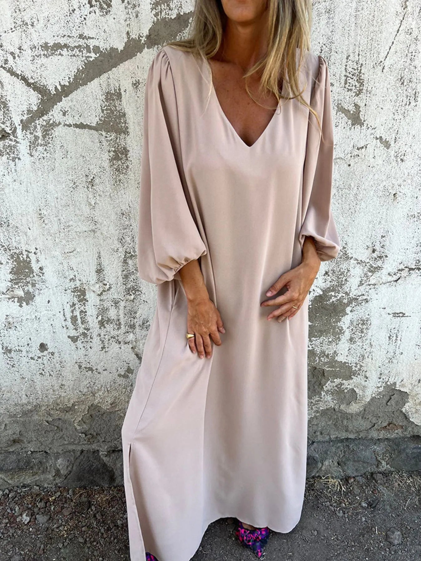 Full Size Slit V-Neck Balloon Sleeve Midi Dress Plus Size